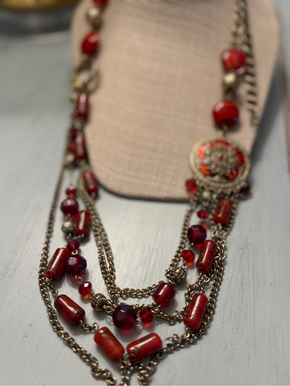 Red Multi-Strand Bead Necklace with Charm